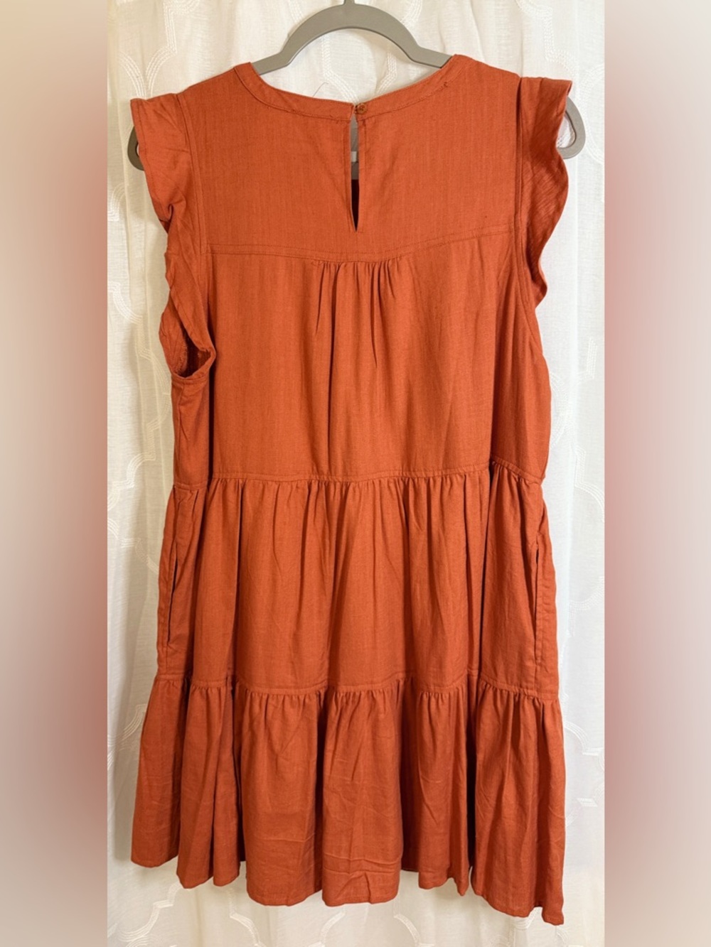 New In Rust Orange Tiered Dress| Ruffle Sleeve Mini Dress | Boho Casual | Size L - Picture 7 of 8